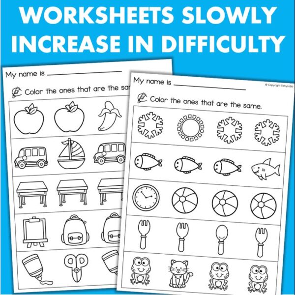 visual discrimination same and different worksheets